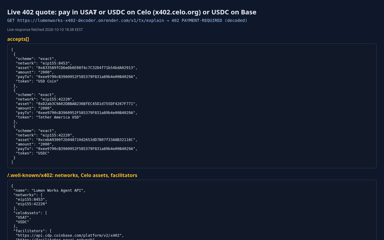Lumen Works Agent API (Lumen Pre-Sign Check + Lumen Agent Utilities) — screenshot 1