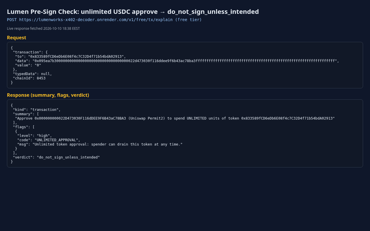 Lumen Works Agent API (Lumen Pre-Sign Check + Lumen Agent Utilities) — screenshot 2